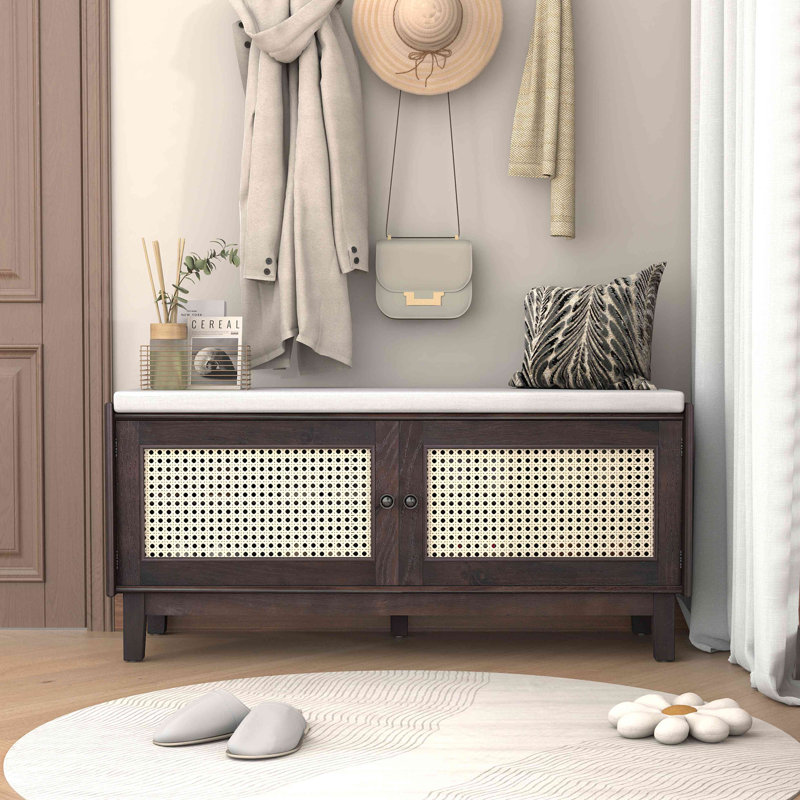 Rattan Entryway Bench With Storage, Cushioned Shoe Bench With Double Doors, Wooden Shoe Organizer Bench For Entryway And Hallway