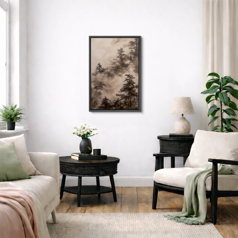 Illustration de forêt de pin brumeux sépia, photos de chambre Moody, impression sur toile encadrée, impression numérique