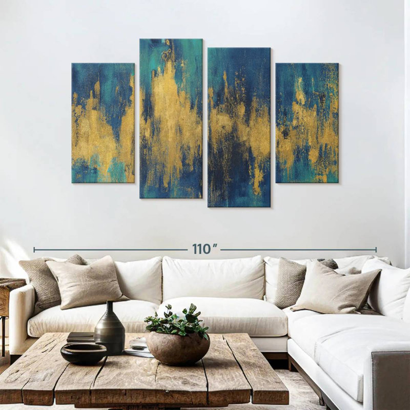 Avery abstrait bleu foncé et or, H 54 po x l 84 po
