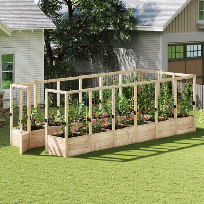 7.5x17x6 Ft U-shape Raised Garden Bed,13 Grids Wooden Planter With Proof Fence