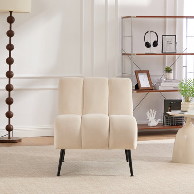 24.4" Wide Modern Upholstered Armless Chair With Black Metal Legs, Velvet Accent Chair For Living Room,Bedroom,Office And Reading Room,Beige