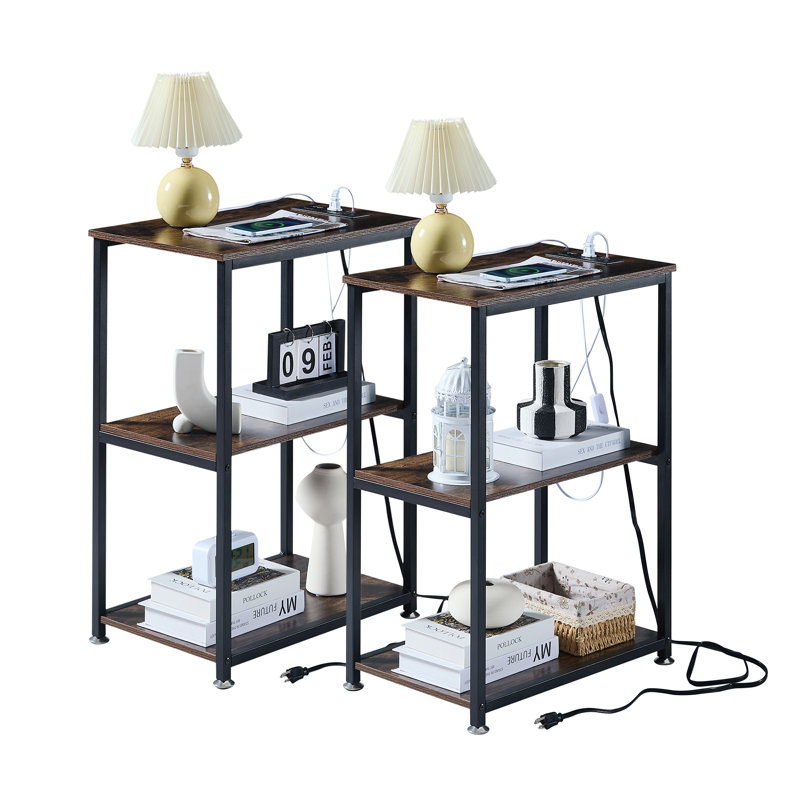 Ortha Side End Table With Charging Station, Set Of 2 With USB Ports And Outlets, Nightstand With 2-Layer Storage Shelves For Small Spaces