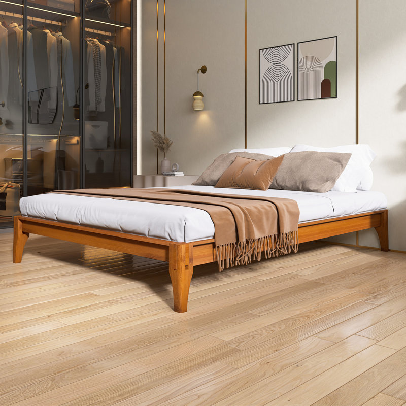 Structure de lit plateforme en bois de bambou massif et solide, avec support en lattes de bois, aucun sommier requis, assemblage facile
