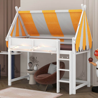 Full Size House Loft Bed With Canopy, LED Lights & Bookshelves, Wood Loft Bed With Tent & Storage Shelves For Kids Teens