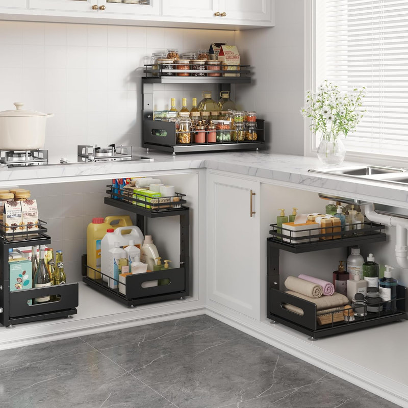 Ensemble de 2 organisateurs sous évier avec rails professionnels, deux tiroirs coulissants, cadre en métal durable à hauteur réglable pour le rangement de la cuisine et de la salle de bain