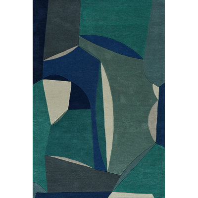 Polia Hand Tufted Wool Abstract Area Rug in Teal/Navy/Gray/Ivory