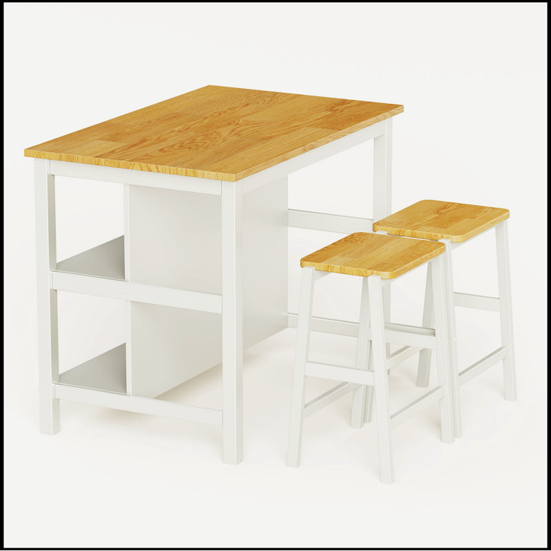 3 PCS Dining Table Set Rustic Retro Breakfast Table Dining Stools Rubber Wood for 2