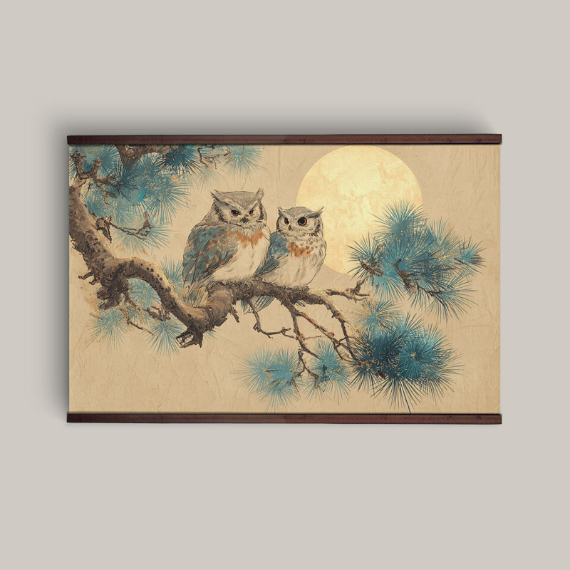 Tapisserie d'art extra large chouettes sur une branche, H 40 po x l 60 po