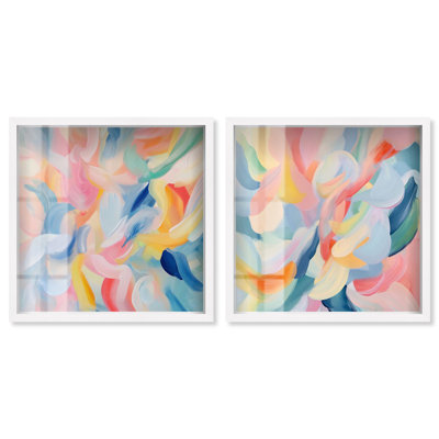Ensemble d'art abstrait moderne « Gentle Huescape Duo » avec impression sous cadre-boîte, par Art Remedy, cadre noir, 12 x 12