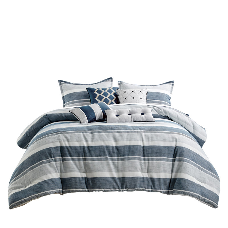 Cabana Stripe 7-Piece Navy White Yarn Dyed Comforter Set, King Comforter + 6 Additional Pieces