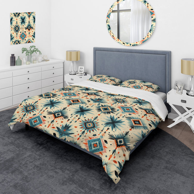 Ensemble de housse de couette en microfibre bleu / beige Nomadic Treasures, Housse de couette pour très grand lit et 2 très