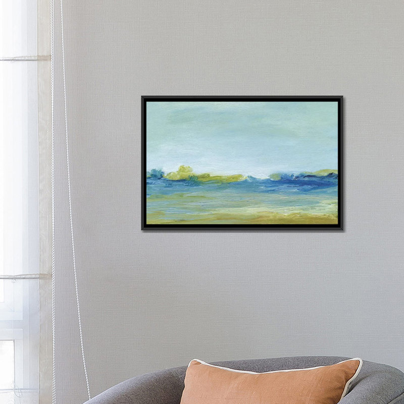 « the shore », reproduction sur toile, H 18 po x l 26 po x P 1,5 po, Toile avec cadre noir, Pas de tapis