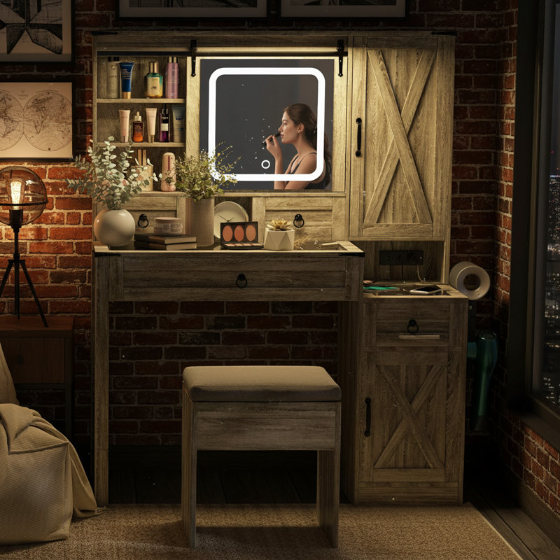 Bureau de coiffeuse Farmhouse avec miroir lumineux coulissant et station de charge - gris bois flottant, Gris