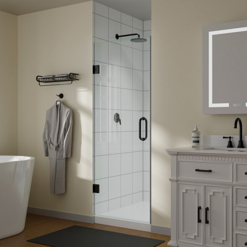 Porte de douche sans cadre l 28 po x H 72 po en verre trempé de 3/8 po (10 mm), pivotant simple articulé, installation réversible, finition noir mat