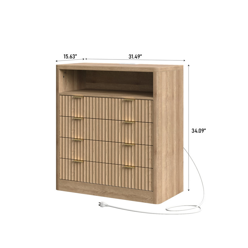 Fluted Dresser Set Of 2, Storage Organizer With 4 Large Drawers, Chest Of Drawers With LED Light & Charging Station, Modern Farmhouse Dresser For Bedroom, Living Room, Hallway