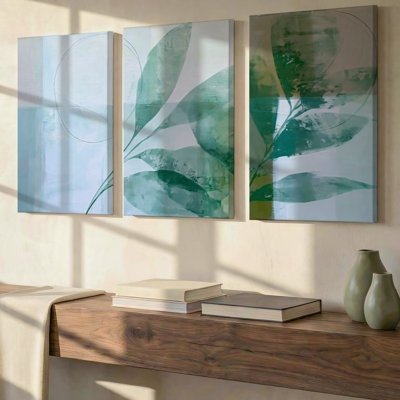Ensemble exclusif de 3 toiles décoratives modernes et botaniques grand format, avec motifs géométriques, idéal pour le salon, la chambre à coucher, le bureau et la maison. Prêtes à être accrochées.