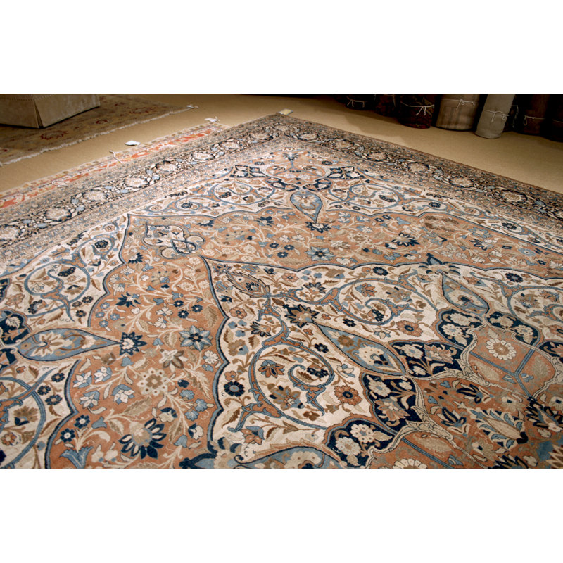Tapis unique en laine noué à la main beige et rouille de 15 pi x 22 pi 3 po avant 1900