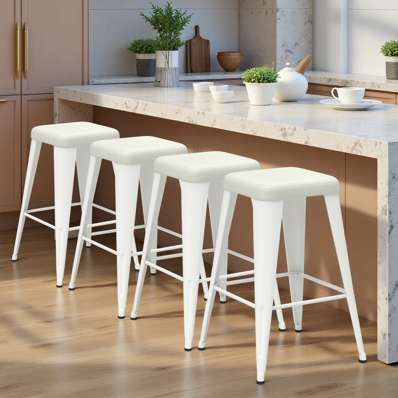 Upholstered Seat Counter Stools with Metal Frame, Counter Stool (26" Seat Height), White, 4