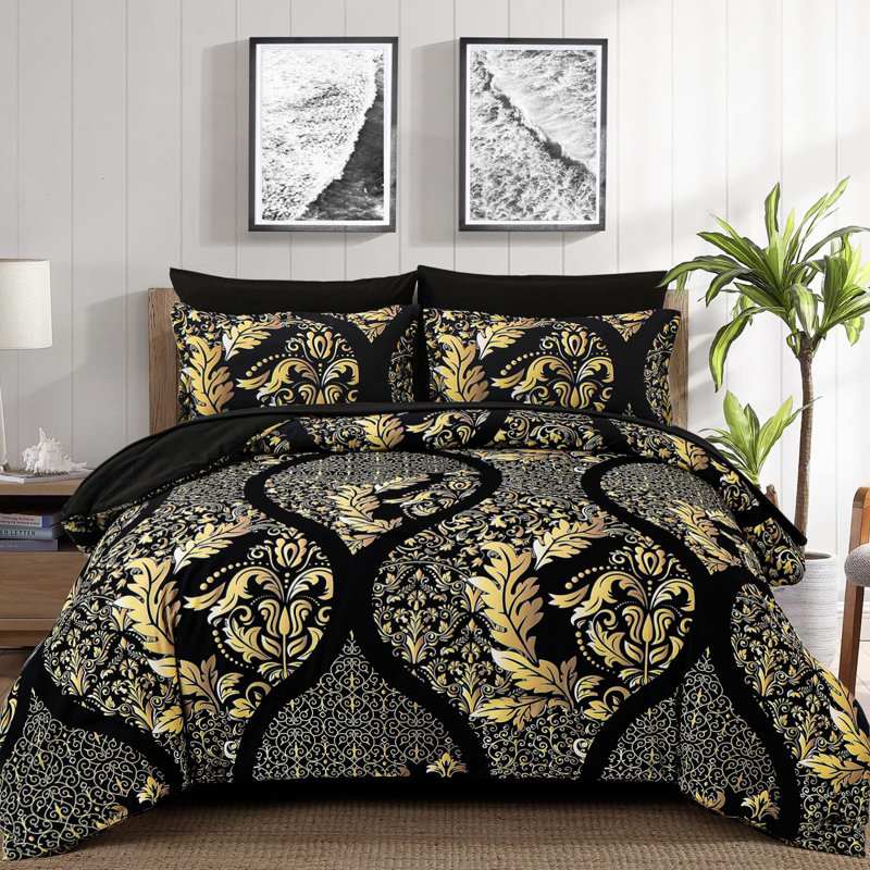 7 Pieces Bohemian Damask Comforter Set Soft Lightweight Microfiber All Season Bedding Set, Black/Gold Damask