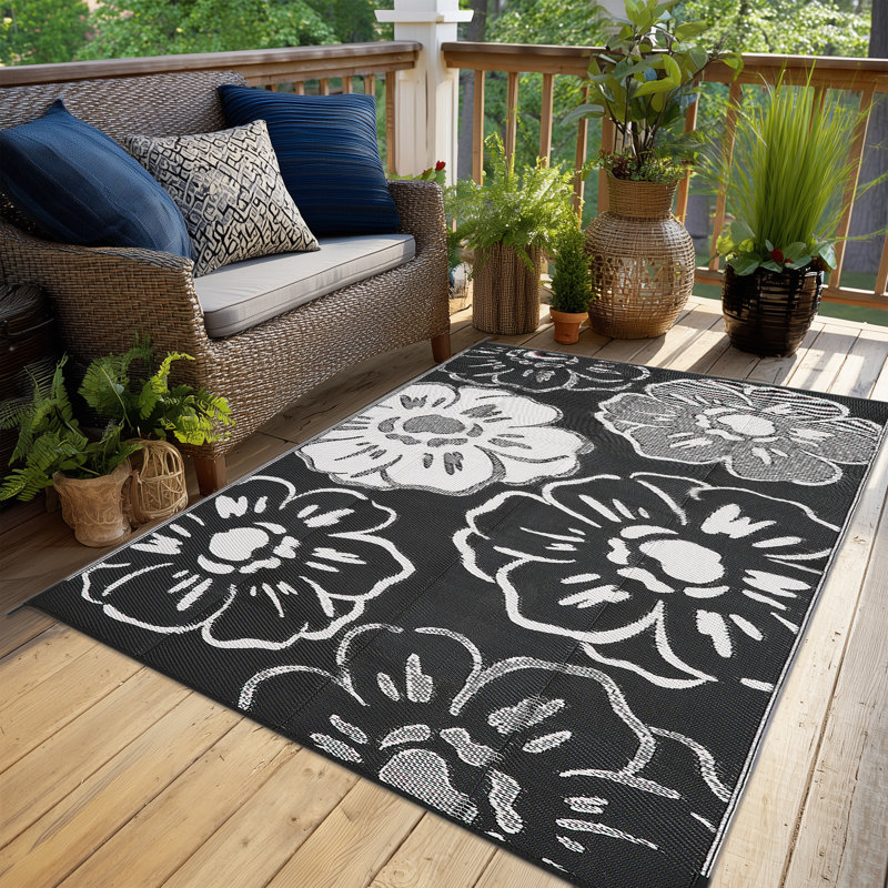 Black and White Floral Outdoor Rug, Waterproof PP Camping Mat, Reversible Washable Non-Slip Picnic Rug for Patio, Garden, Beach and RV