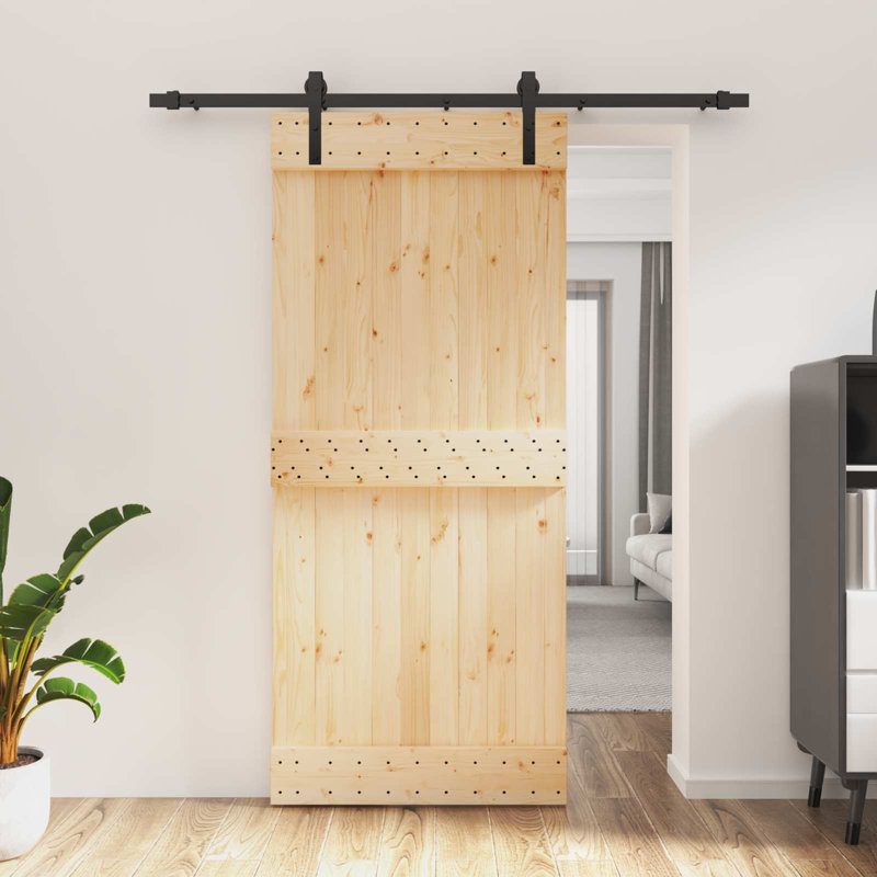 vidaXL Sliding Door Natural and Black 85 x 210 cm Solid Pine Wood, 183cm X  210cm, Black, 2