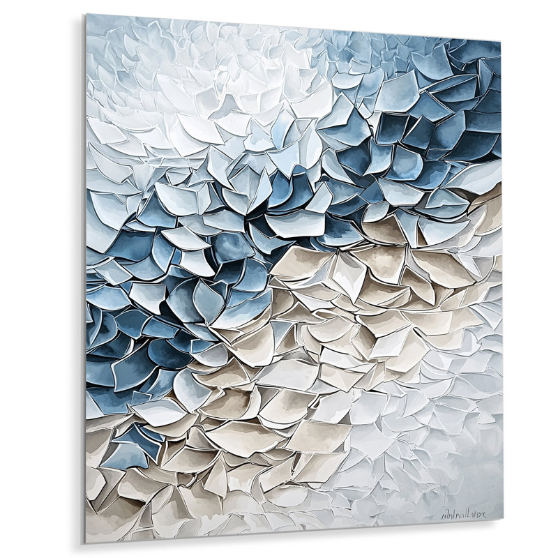 «Blue and White Flower Petals River», cubisme abstrait, impression sur métal, H 32 po x l 24 po x P 0,84 po