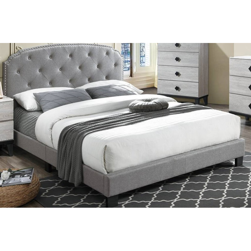 Lit plateforme capitonné Jaquavien, Grand lit, Gris clair