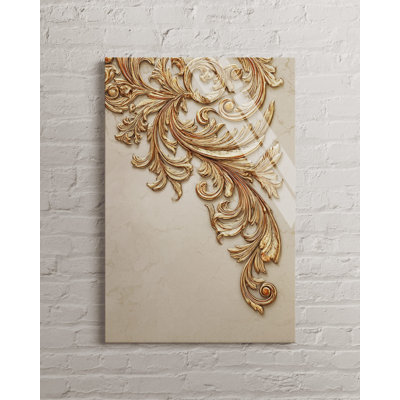Elegant Gold Baroque Wall Art, Luxury 3D Acanthus Tempered Glass Print, Victorian Style Home Decor, Sophisticated Ornate Scrollwork Panel
