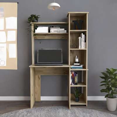 Writing Desk with Storage Hutch and 5 Open Cubbies, Neutral Beige Particle Board, Compact 38.7 W