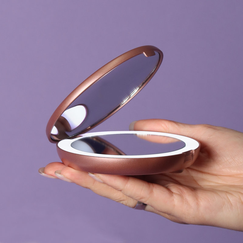 Modern Lighted Magnifying Compact Mirror, 4" x 4", Rose Gold