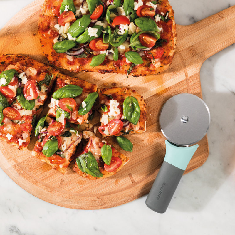 Aqua and Gray Stainless Steel Pizza Cutter with Ergonomic Handle
