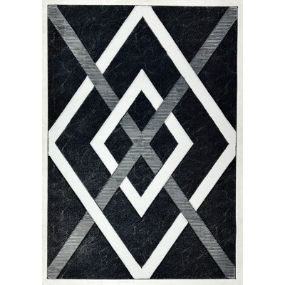 Abstract Thick Area Rug Hand Carved Modern Geometric Carpet Design 80014 Black 5X7