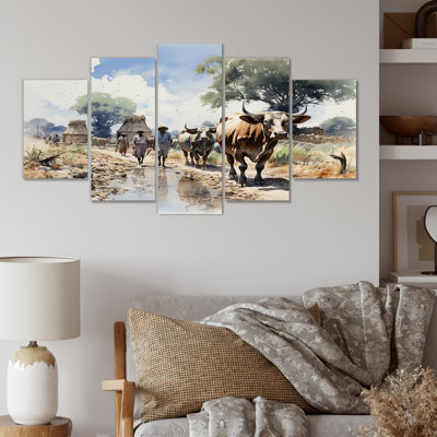 Art africain, camp de bovins Dinka III - art tribal africain multi-panneaux