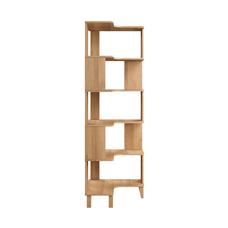 Yalin 6-Tier Modern Mid Century Corner Bookcase, 71.5" Extra Tall Corner Shelf With Storage, Natural Oak
