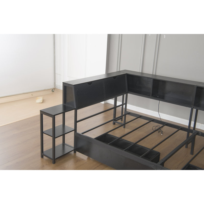 Structure de lit d'angle pour lit double avec bibliothèque et 2 tiroirs de rangement sous le lit, lit double moderne avec lumière DEL et station de charge, noir