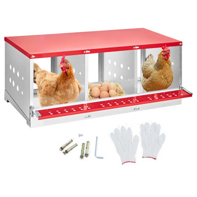 Boîtes de nidification pour volaille en métal 38 po x 16 po x 19 po - Équipement de poulailler mural avec grands trous ventilés pour une collecte facile des œufs, sans couvercle, rouge (extérieur)