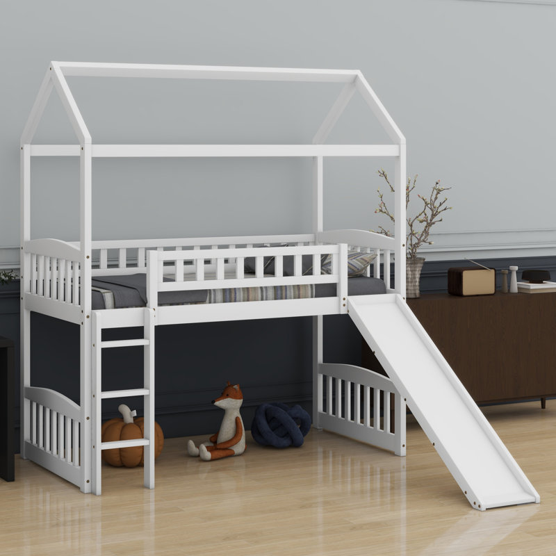 House Loft Bed With Slide, White