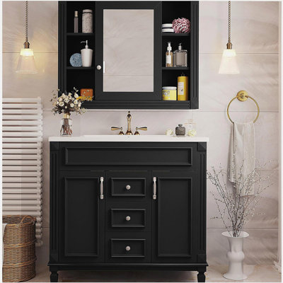Meuble-lavabo de 36 po avec lavabo supérieur, armoire à miroir noire, armoire de rangement moderne avec 2 portes à fermeture douce, meuble-lavabo simple