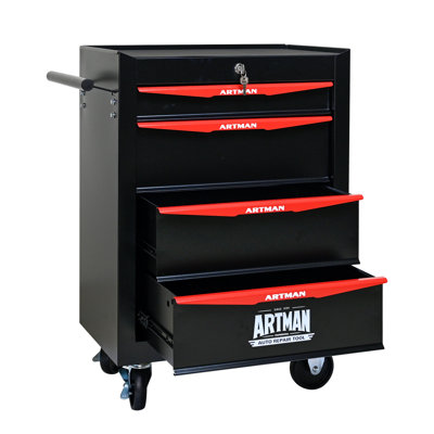 Rolling Metal Tool Chest With 4 Drawers, 20" 4Drawer Tool Chest Cabinet With Ball Bearing Drawer Slides, Steel Tool Storage Box Organizer BLACK&RED