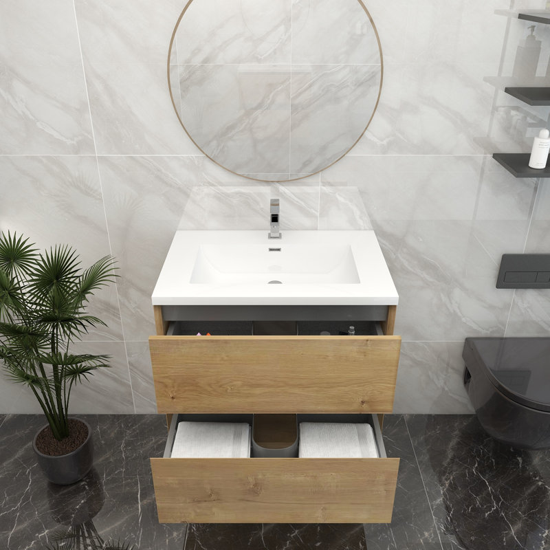 Ensemble de meuble-lavabo mural simple 30 po, Teck chêne