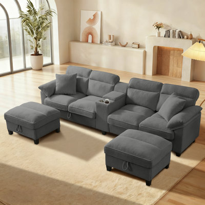 U-Shaped Corduroy Sectional Sofa, Cloud Comfort With Storage Ottomans & USB/Type-C Ports-Gray