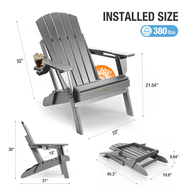 Nimitz All Weather Outdoor Folding HDPE Plastic Adirondack Chair With Cup Holder Fire Pit Chairs Oversized Patio Chair, Gray