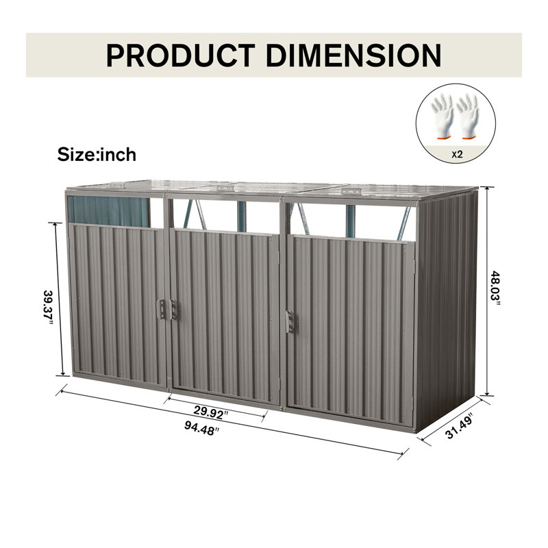 La remise à poubelle contient 3 poubelles en métal pour le rangement des ordures, acier galvanisé inoxydable, remise pour poubelle de jardin, gris