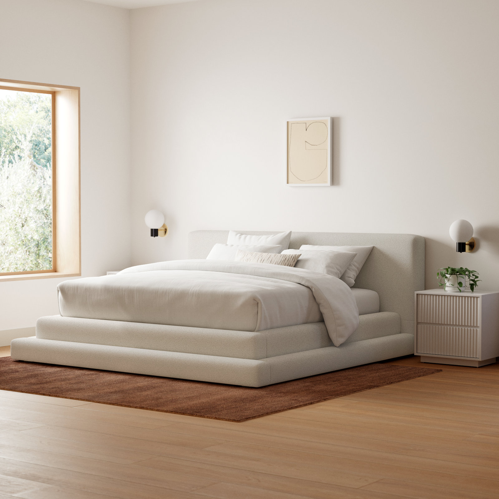Hoffarth Upholstered Bed, King, Cream Faux Shearling Teddy Fabric