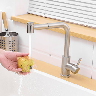 Pull Out Faucet For Kitchen, Brushed Nickel, Stainless Steel Construction, Ceramic Filler 360 Swivel Kitchen With , Black, Steel, Filler, Modern Design