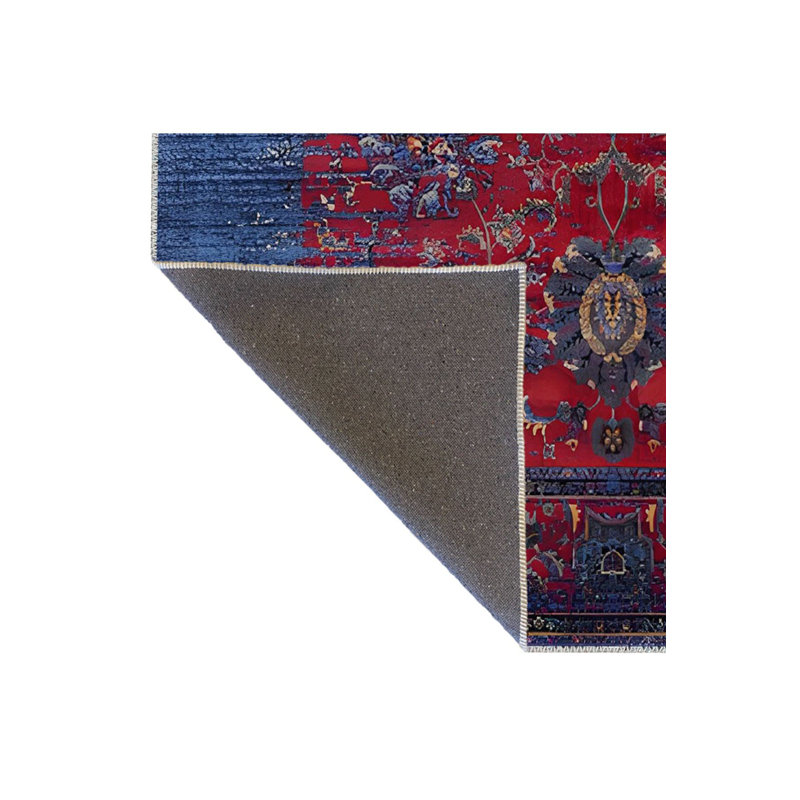 Tapis décoratif bleu traditionnel lavable à la machine, Sous-tapis rectangulaire 4 pi 7 po x 6 pi 7 po inc