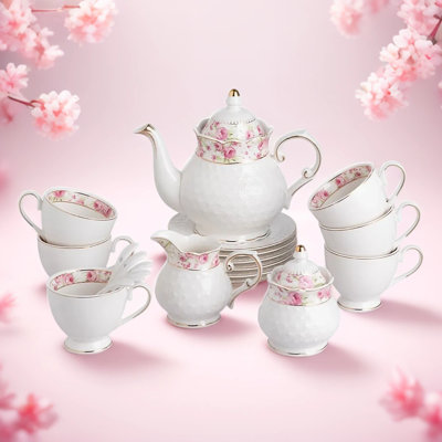 21-Piece Porcelain Tea Set With Vintage Floral Gold Trim, Includes Teapot, Cups, Saucers, Sugar Bowl, Creamer And Spoons, Service For 6