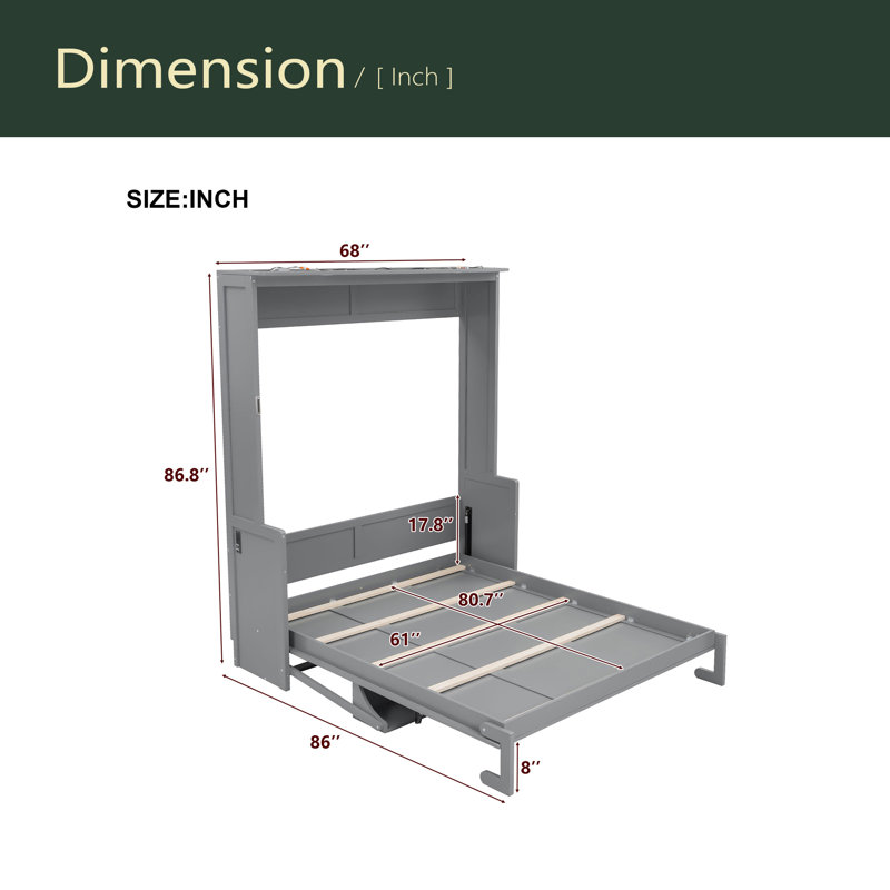 Grand lit escamotable avec bureau, lumières DEL et station de charge USB, Gris