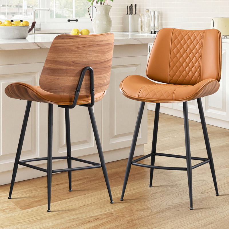 26.97" Counter Stool With Faux Leather And Curved Walnut Wood Backrest Design, Whiskey Brown