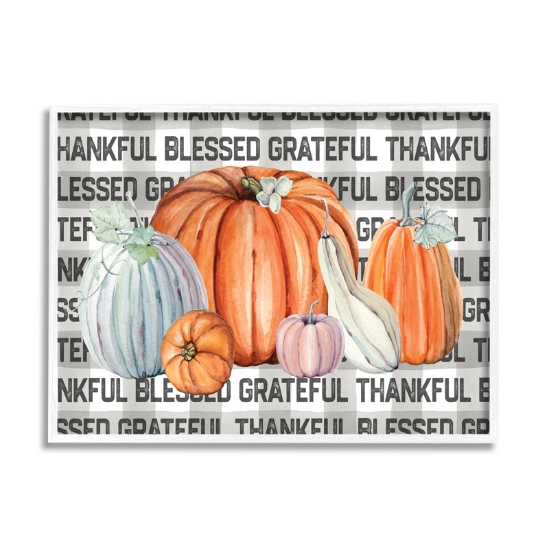 «Thankful Grateful», citrouilles de ferme écossaises grises - peinture, H 24 po x l 30 po, Giclée encadrée blanc bord de mer